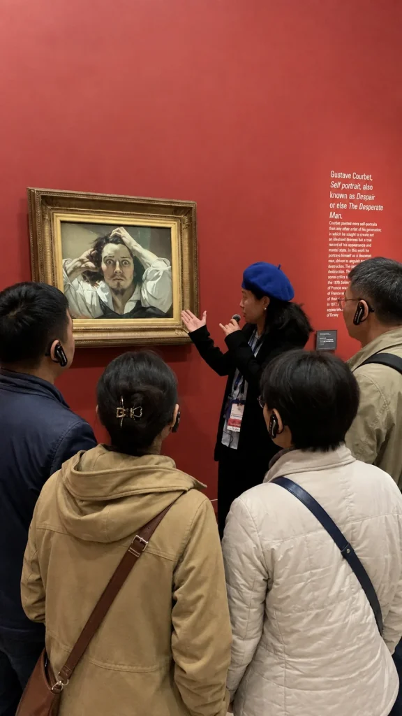 参观者佩戴耳机，在奥赛博物馆展厅内聆听肖像画讲解。